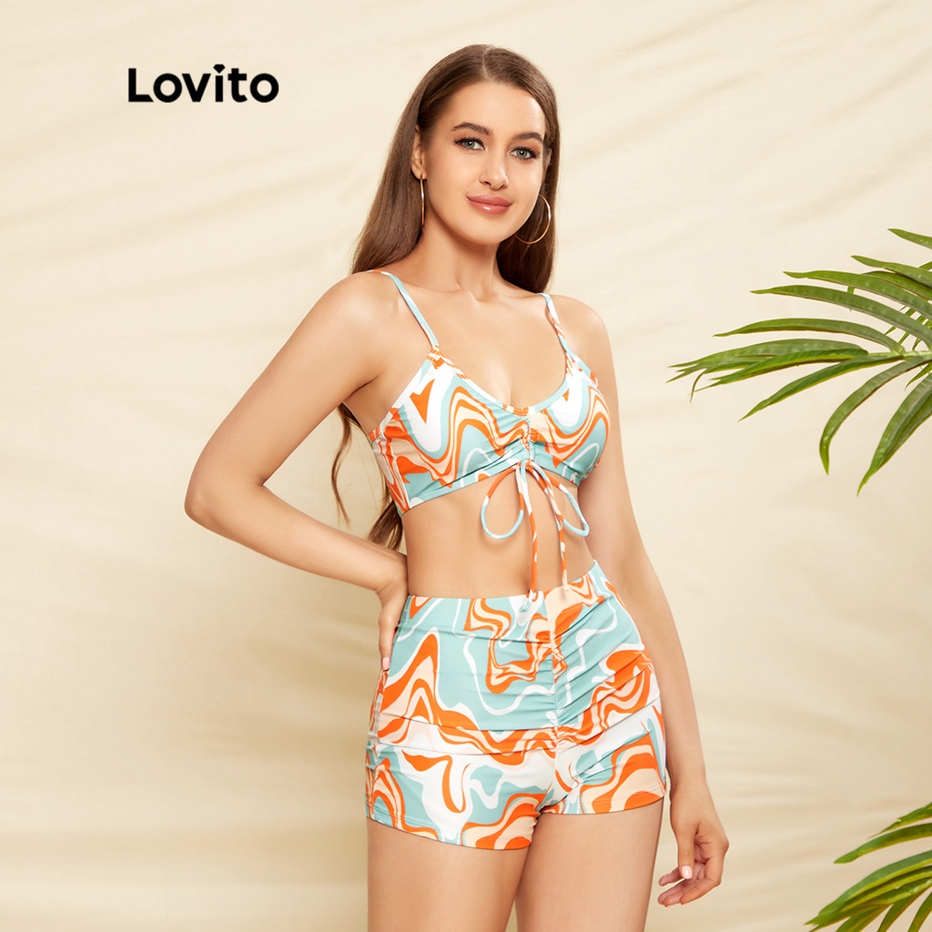 Lovito sexy Bộ bikini nữ 3 mảnh Water Ri gợn sóng có miếng lót rời L33AD013 (Nhiều màu)