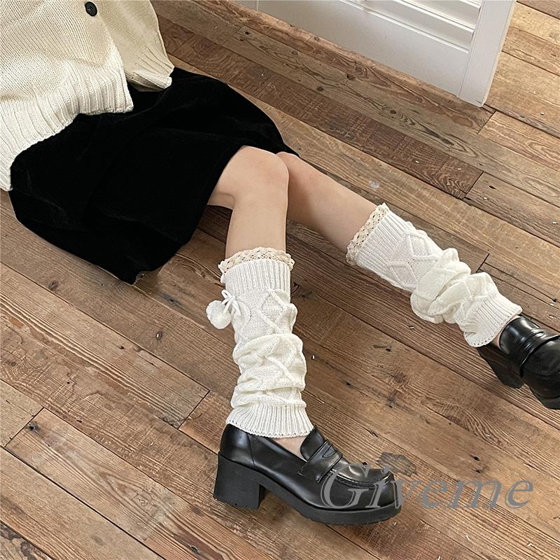 Vớ Ống Chân Dệt Kim Giữ Ấm Phối Ren Và Bóng Lông Thời Trang Đường Phố Cho Nữ