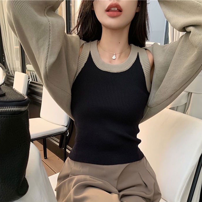 Bộ áo XINLANYASHE gồm áo khoác dệt kim tay phồng dài dáng rộng màu tương phản thời trang dành cho nữ