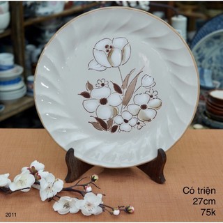 Đĩa/khay lớn bằng sứ vẽ hoa viền - gốm sứ nhật bản