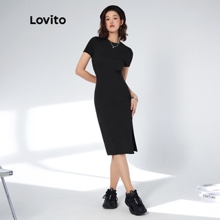Đầm nữ Lovito cổ tròn cơ bản Split Thigh Basic L33AD085 (Đen)