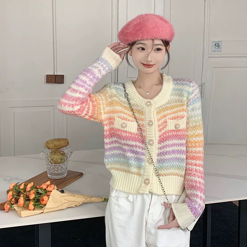 Áo Khoác Len Cầu Vồng Nút Ngọc LSEOUL K0339 Chất Dày Dặn Ngọt Ngào Nữ Tính