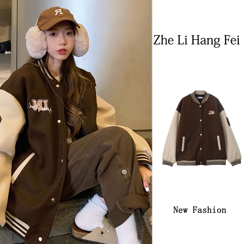 ZHELIHANGFEI Áo Khoác Bóng Chày Tay Dài Form Rộng Theo Phong Cách Retro Kiểu Mỹ Dễ Phối Đồ