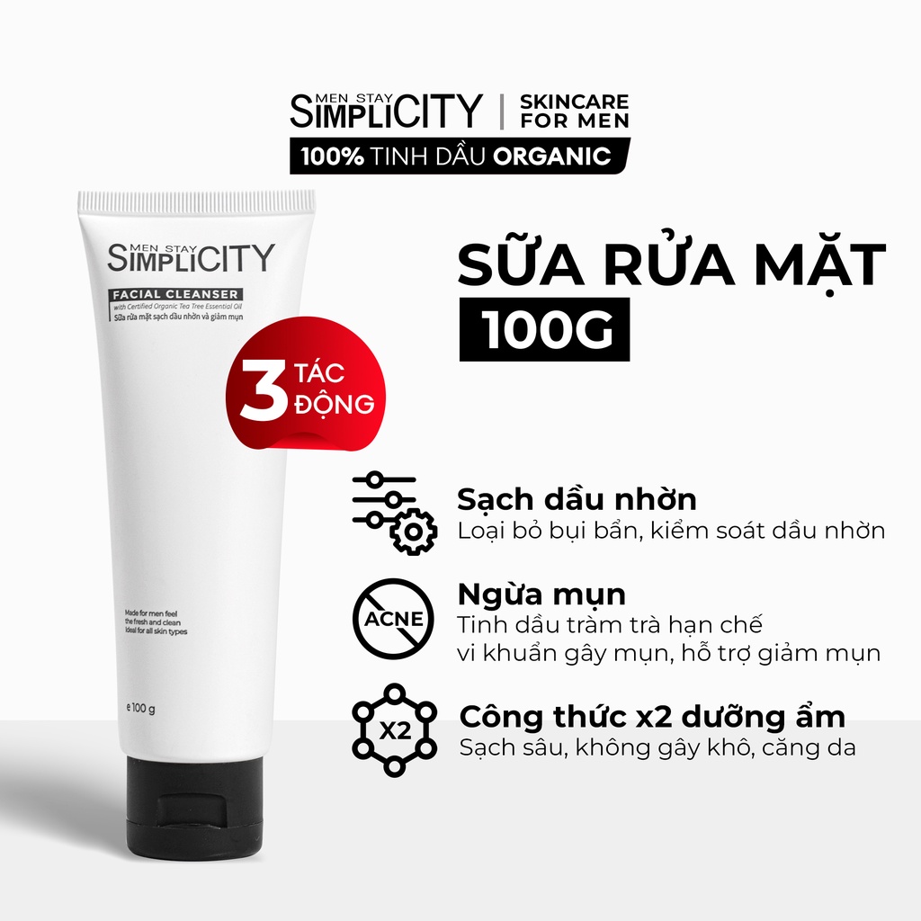 Bộ sữa tắm tinh dầu cao cấp 500ml và sữa rửa mặt cho nam 100g Men Stay Simplicity Cleansing Combo: Sạch thơm toàn diện