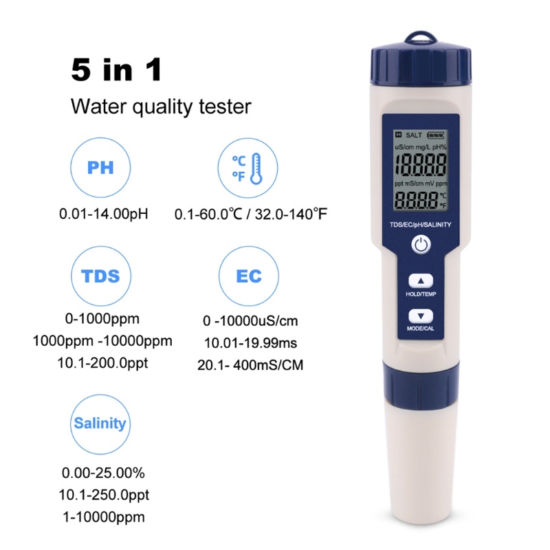 Dụng Cụ Đo Chất Lượng Nước 5 Trong 1 TDS / EC / PH / Salinity / TEMP Với Điện Cực Thay Thế EZ-990