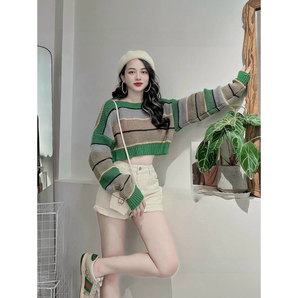 Áo len nữ dệt kim cổ tròn TAY DÀI dáng CROPTOP kẻ sọc xanh phong cách Hàn Quốc cá tính hàng Quảng Châu có hình thật
