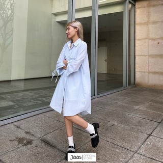 Đầm sơ mi nữ oversize sọc xanh phom rộng tay rút dây