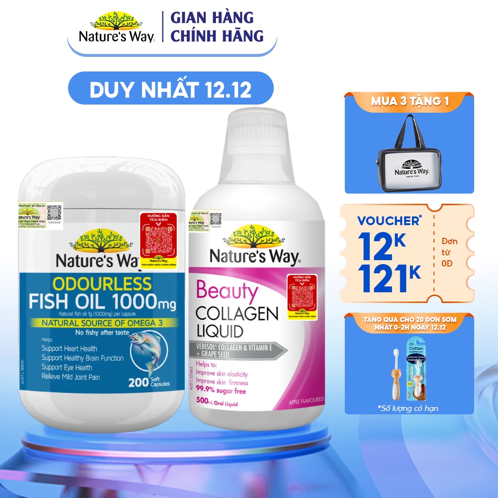 Combo Làm Đẹp Beauty Collagen Liquid, Odourless Fish Oil NATURE'S WAY Hỗ Trợ Thị Lực, Giảm Lão Hóa, Tăng Độ Đàn Hồi Da