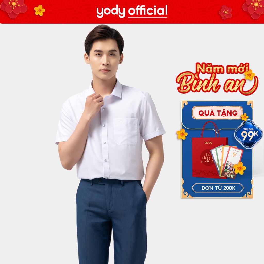 Áo sơ mi nam Yody cộc tay chất liệu nến dáng slim cộc tay có túi ngực SNM5005