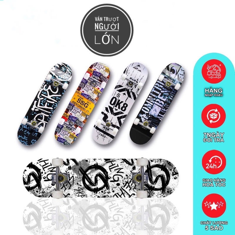 Ván Trượt, Skateboard Gỗ 9 lớp Bánh Cao Su Cỡ Lớn Chịu Lực 150kg (Nhiều Màu)