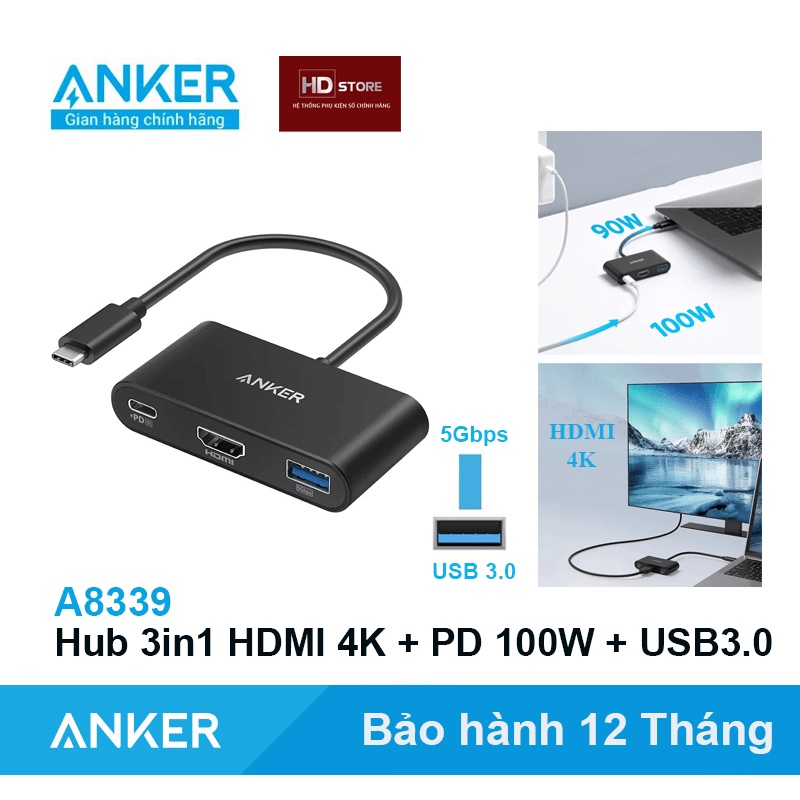 Hub Anker Type C ra HDMI 4K + PD 100W + USB 3.0 tốc độ 5Gbps PowerExpand 3in1- A8339 cho Laptop Macbook HDStore