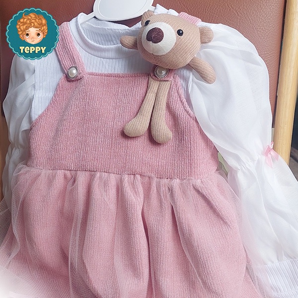 Đầm, váy nhung nhũ hồng kèm gấu, kèm áo