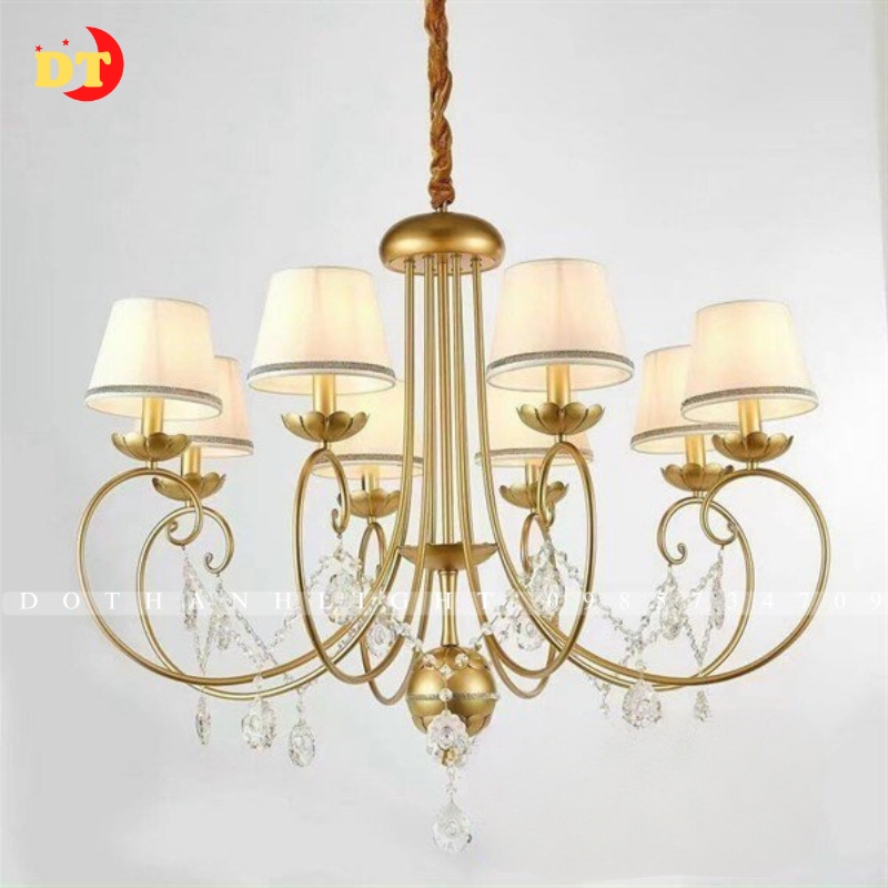 Đèn chùm phòng khách bắc âu tân cổ điển hiện đại 8 tay màu vàng chao vải trang trí phòng khách DHT
