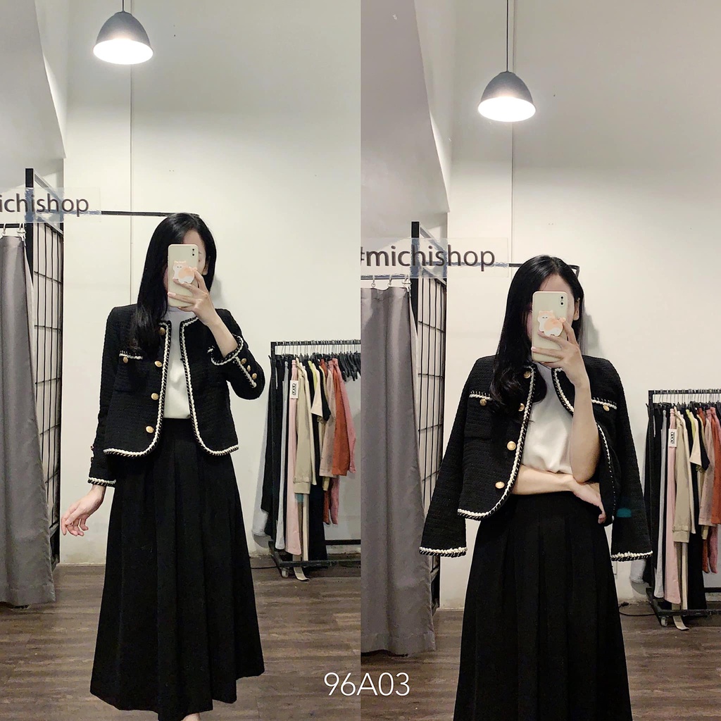 Áo dạ tweed dáng ngắn đi tiệc ăn cưới cực xinh màu đen viền trắng - 96A03