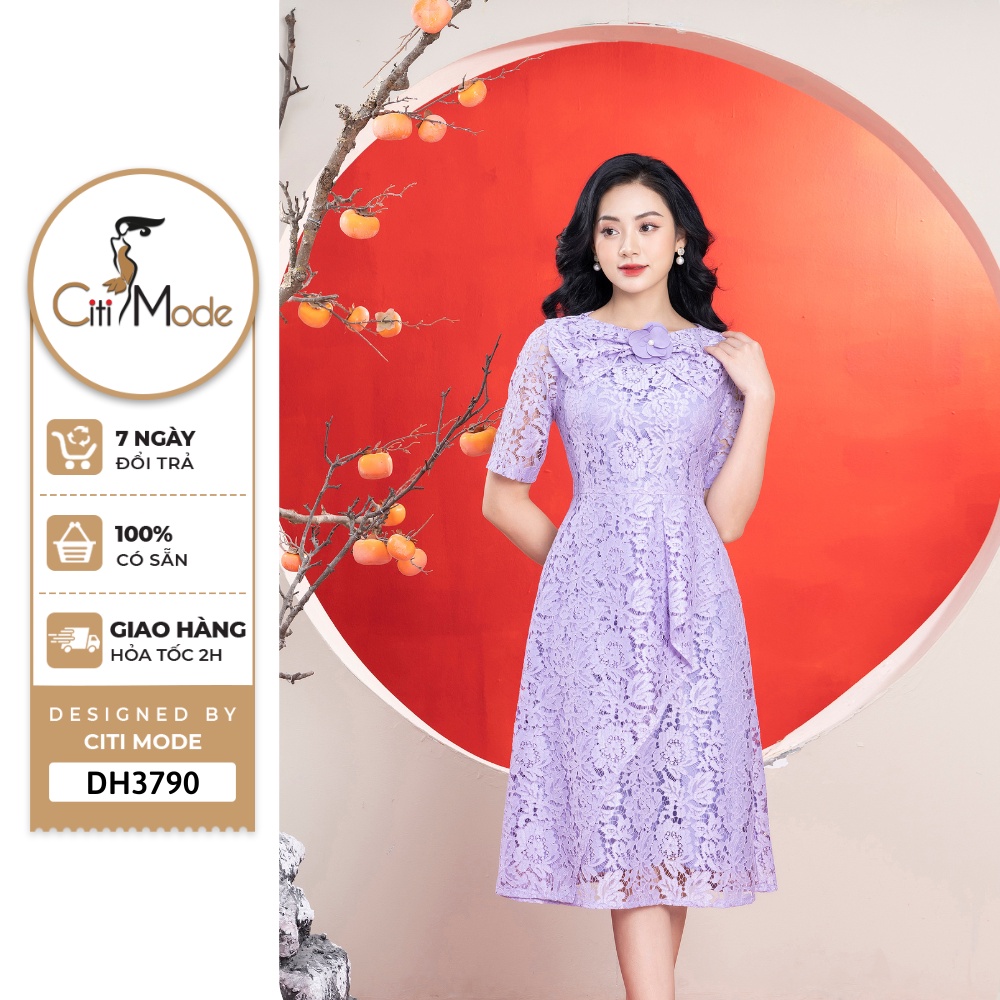 Đầm công sở CITI MODE FASHION thiết kế kiểu ren tím chân váy phối vạt DH3790