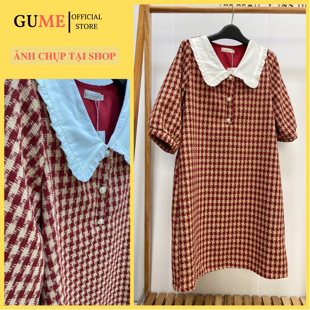 Váy bầu bigsize - Đầm bầu thiết kế GuMe mặc Tết kẻ đỏ chất dạ 2 lớp dáng suông tay lỡ size từ 40-120kg- ảnh thật GM056