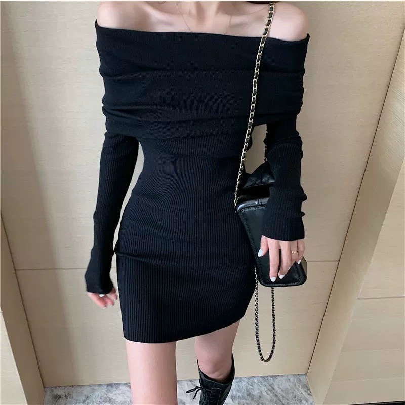 Đầm body trễ vai chất thun gân tay dài 2 màu đen - đỏ đô, đầm váy nữ trễ vai tay dài thun gân mềm mại MIDORI247