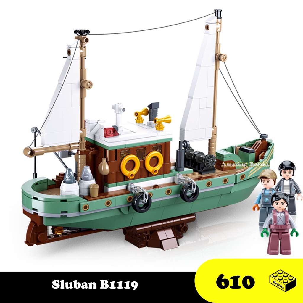 Đồ chơi Lắp ráp Thuyền đánh cá ngư dân biển Ellie, Sluban B1119 Fish Boat, Xếp hình thông minh, Mô hình thành phố