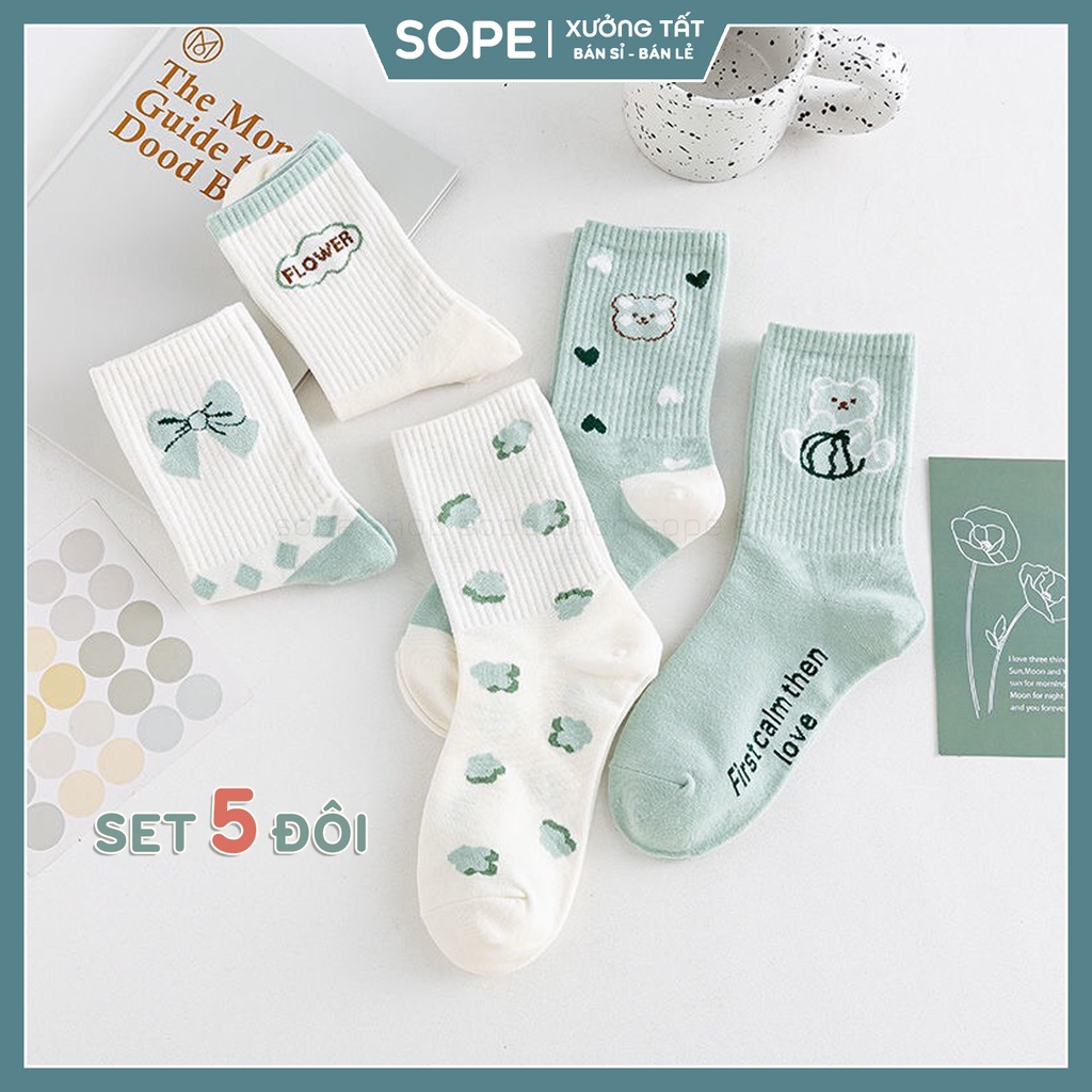 Tất vớ cổ cao nữ họa tiết dễ thương, chất liệu vải Hàn co giãn cực tốt - Sope Shop