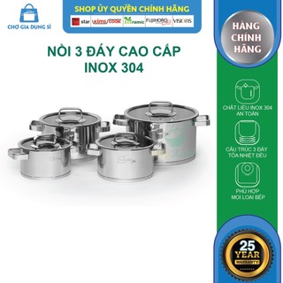 Bộ nồi FiveStar Plus FS08CG-304 inox 304 3 đáy bếp từ 4 chiếc nắp kính