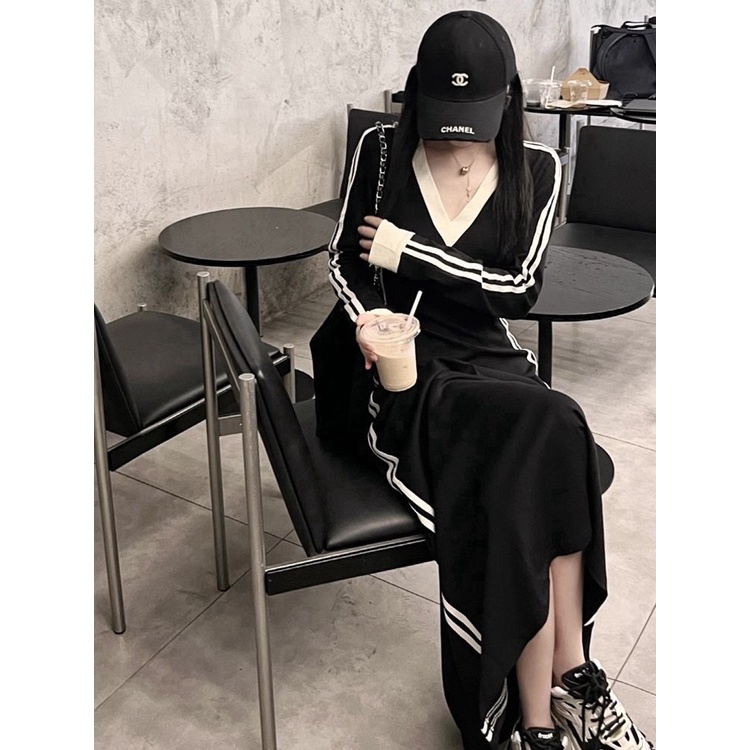 Đầm Tay Dài Cổ Chữ V Màu Sắc Tương Phản Thời Trang Mùa Thu Cho Nữ