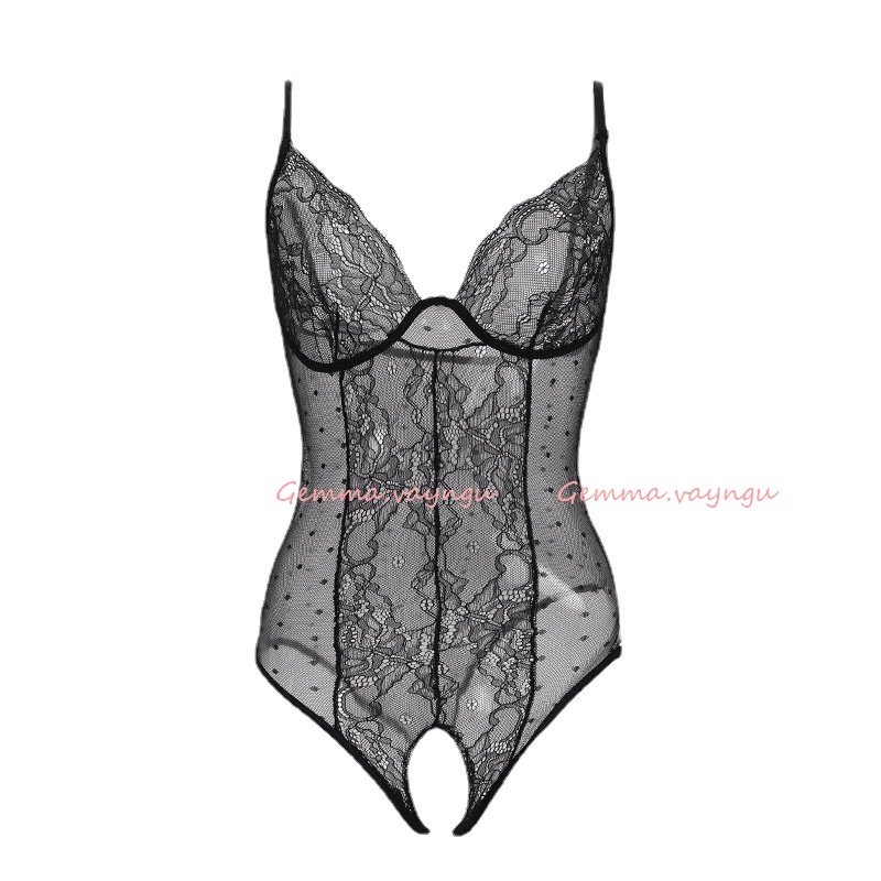 S4 Đồ ngủ sexy, bộ liền thân bodysuit ren xuyên thấu chấm bi xẻ đũng siêu hot