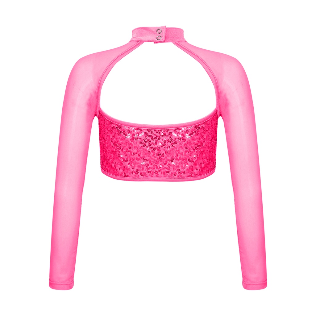 Trẻ Em Bé Gái Thời Trang Quần Áo Dài Tay Cổ Tròn Rỗng Sáng Bóng Kim Sa Lấp Lánh Trang Trí Khiêu Vũ Crop Top