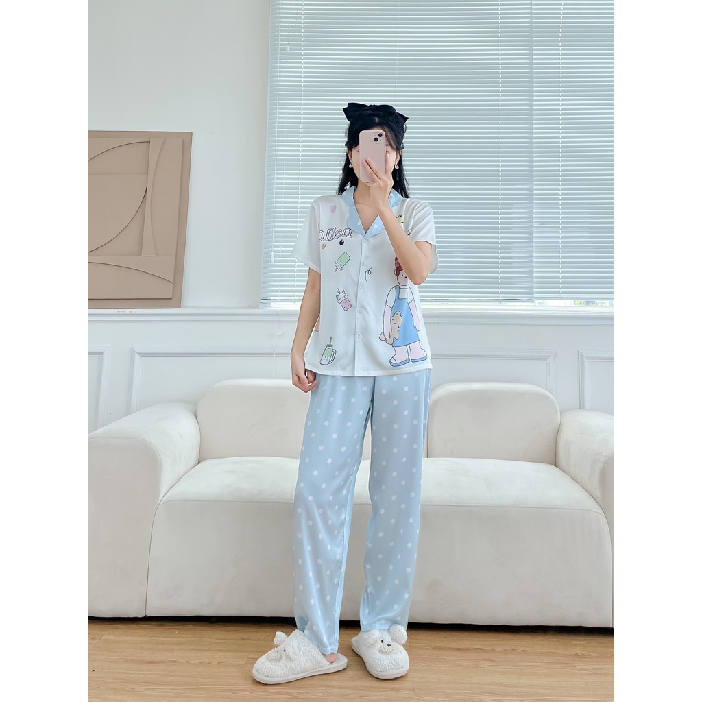 Đồ bộ tay ngắn nữ, pijama lụa latin mặc nhà họa tiết sang chảnh, set đồ thoáng mát