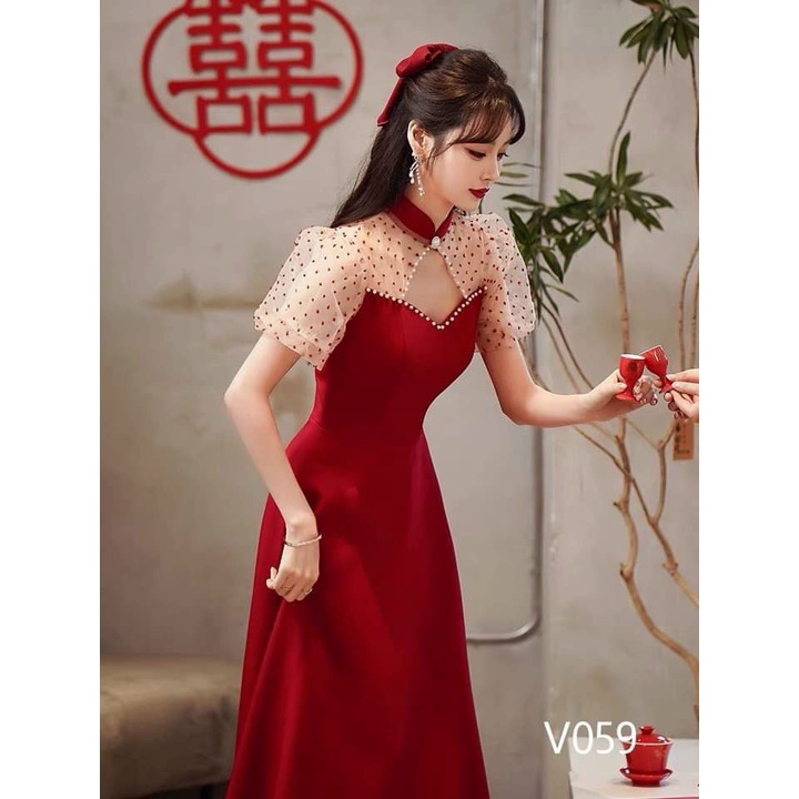 Đầm xòe cổ tàu phối lưới bi có mút