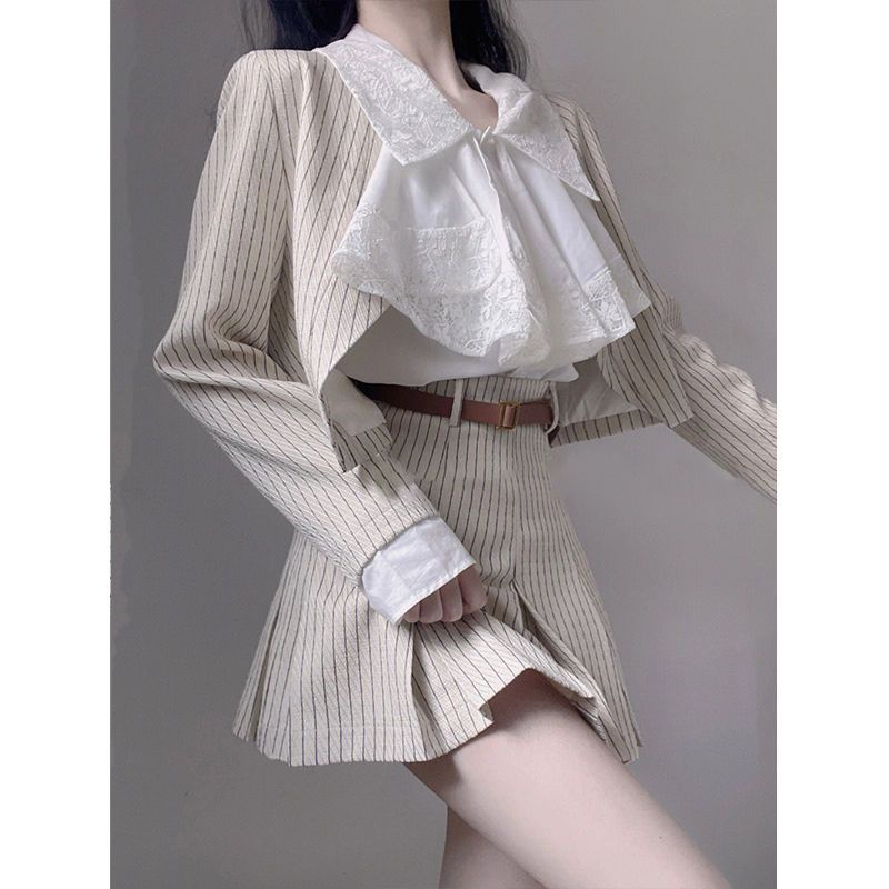 Set Áo Ren + Chân Váy Xếp Ly + Áo Khoác Ba Lỗ Kẻ Sọc Phong Cách Pháp Thời Trang Mùa Thu Hàng Mới 2022