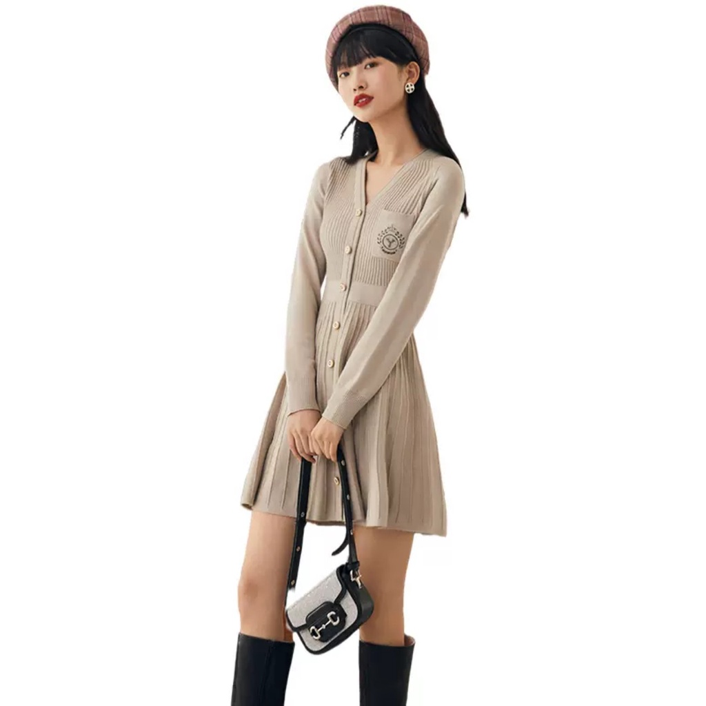 Đầm len dệt kim Veromoda - Veromoda women vintage pleated knit dress