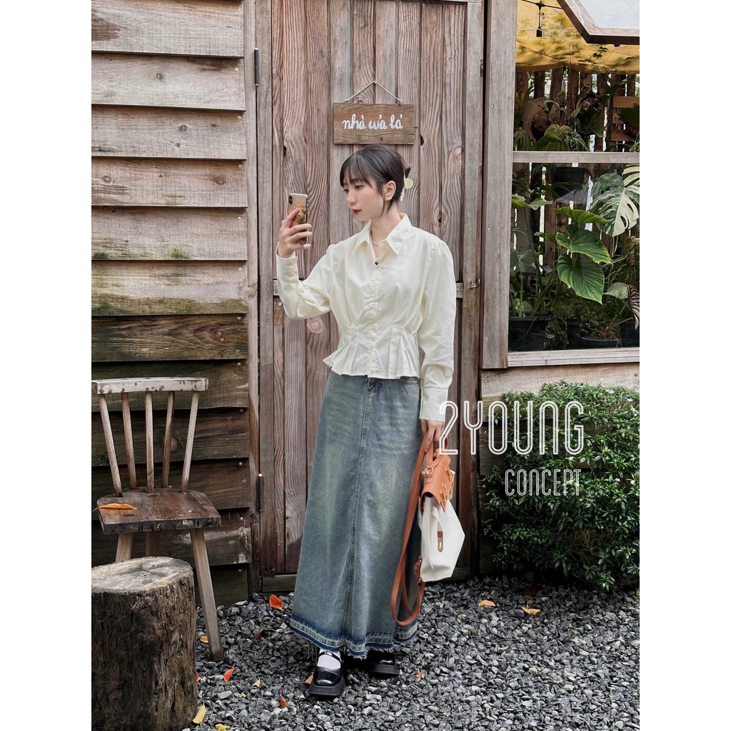 Áo sơ mi kiểu chít eo màu kem  A1905