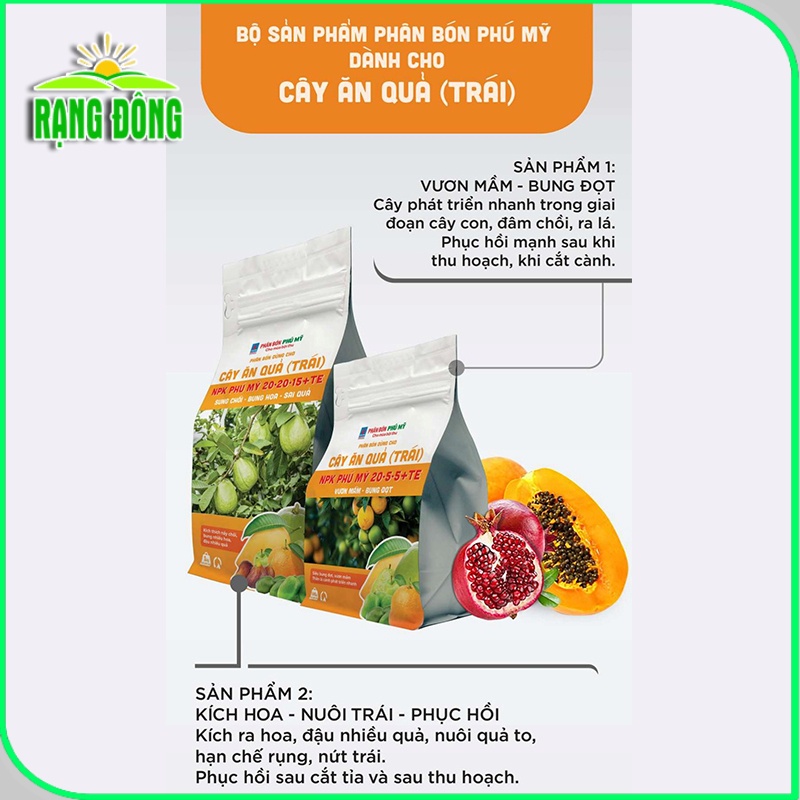 Phân bón NPK Phú Mỹ 20-5-5 + TE (gói 500gr) Cây ăn quả đâm chồi, ra lá, phát triển mạnh - Hạt giống Rạng Đông