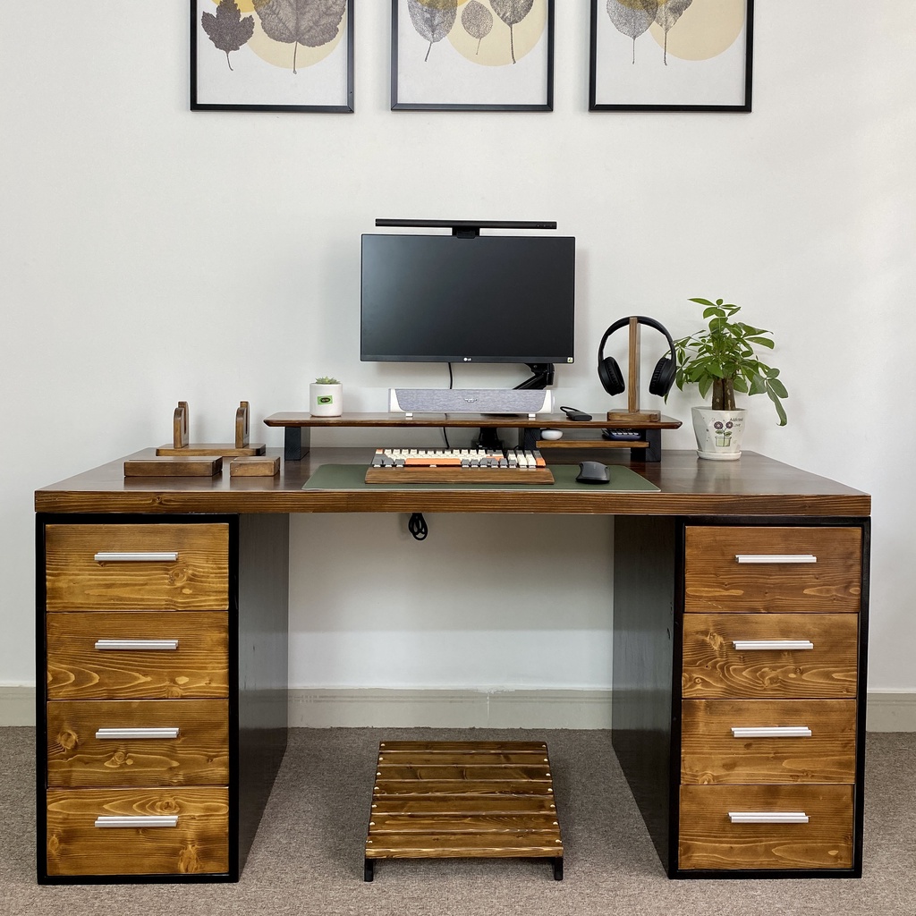 Bàn IKEA Gaming 2m - Bàn Làm Việc IKEA Mặt Bàn Gỗ Nguyên Khối Dày 4cm, Thiết Kế 8 Ngăn Kéo