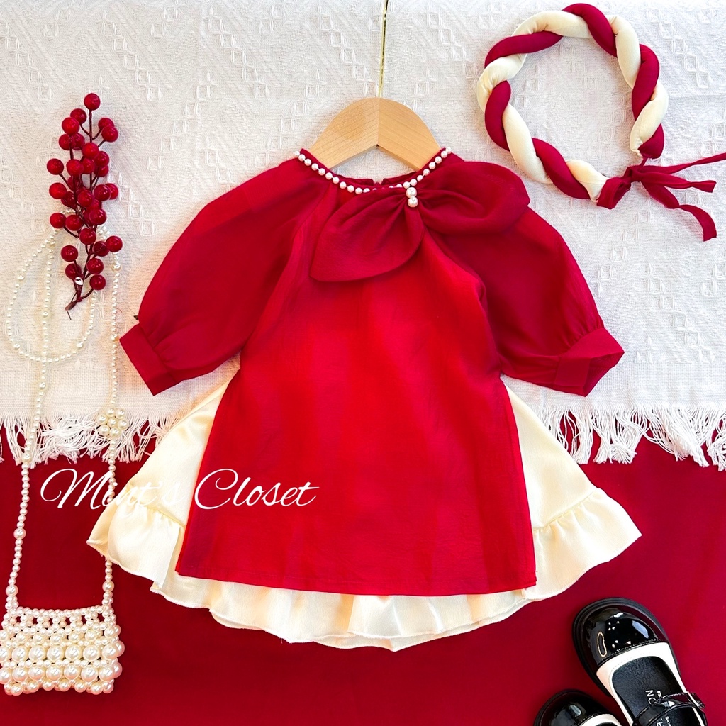 Set áo dài cách tân bé gái kèm mấn MINTSCLOSET Mint's Closet màu đỏ cho bé gái 1 2 3 4 tuổi - S1305 - GS1100