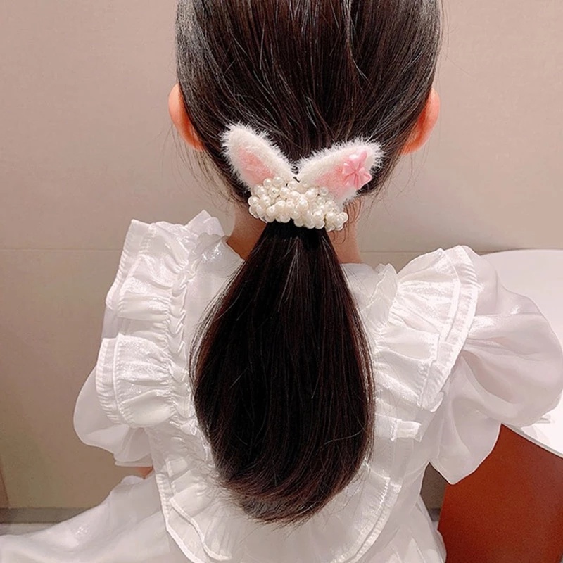 Dây Cột Tóc Hai Lớp Co Giãn Đính Tai Mèo Bông / Ngọc Trai Dễ Thương Cho Bé Gái