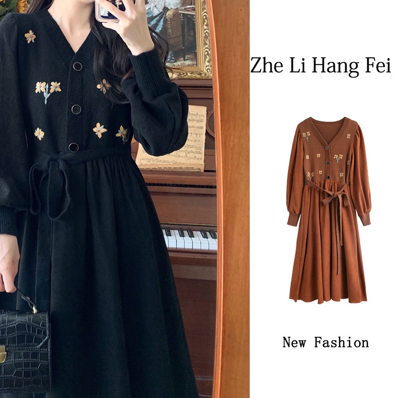 ZHELIHANGFEI Váy thêu hoa cổ chữ V cổ puff tay áo kiểu eo co dãn retro váy dài