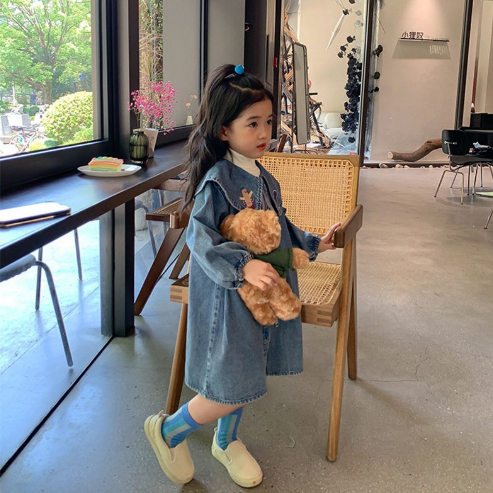 Đầm Denim Tay Dài Cổ Bẻ Thêu Họa Tiết Phong Cách Hàn Quốc Thời Trang Thu Đông Xinh Xắn Cho Bé Gái