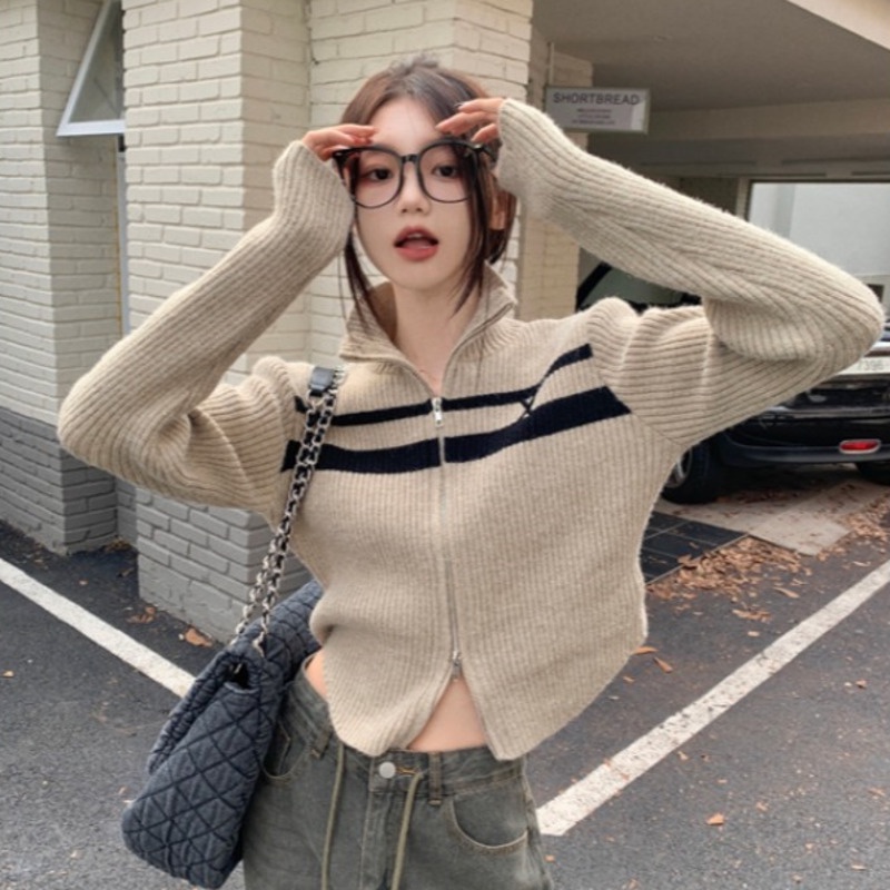 Áo Khoác cardigan Dệt Kim Cổ POLO Hai Khóa Kéo Màu Sắc Tương Phản Phong Cách Vintage Dành Cho Nữ