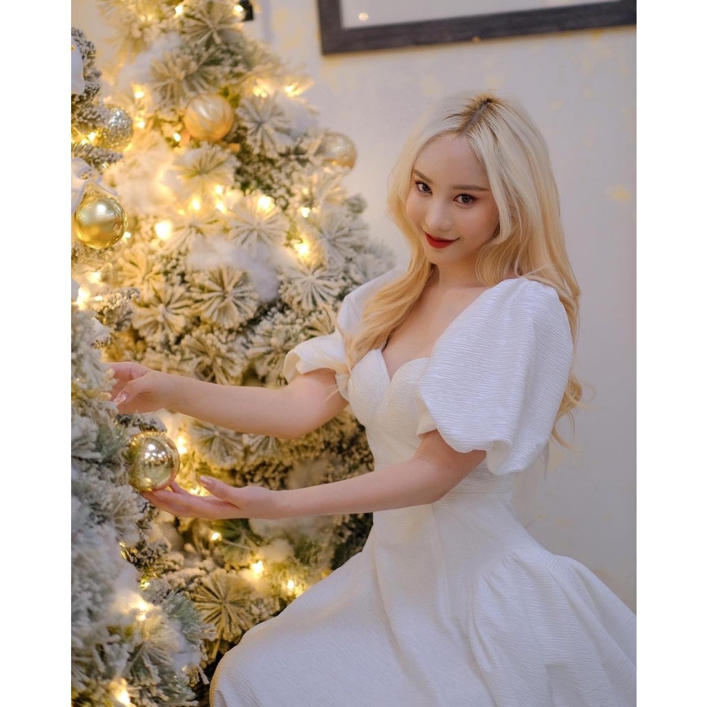 Đầm nữ dáng dài đi chơi tiệc, đầm cổ vuông tay phồng hàn quốc có mút phối nơ lưng chất xốp cao cấp