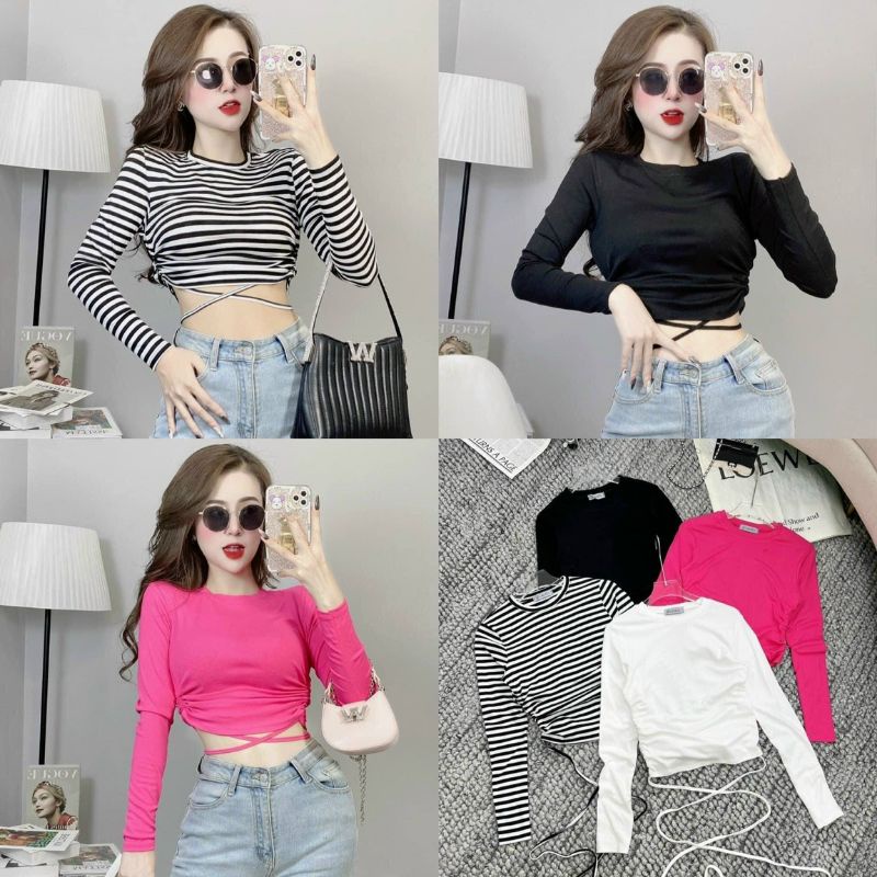 Áo thun cổ tròn rút 2 bên dây tạo kiểu tay dài A15