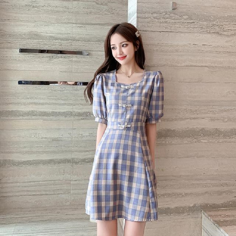 Đầm Dáng Chữ a Tay Phồng Cổ Vuông Họa Tiết Sọc Caro Phong Cách Retro Thời Trang Mùa Hè Cho Nữ