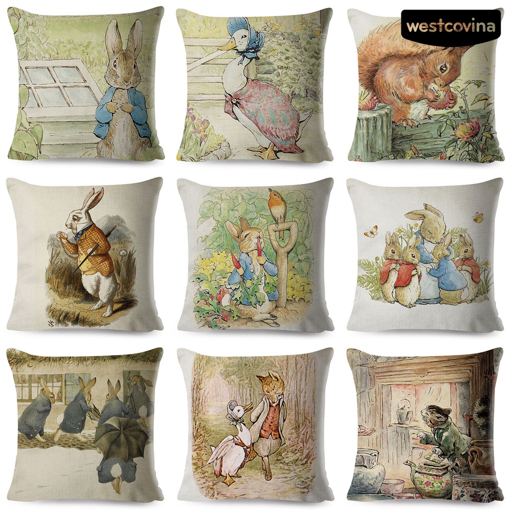 [WEST]⚘Vỏ Gối Hình Vuông In Hình Thỏ Hoạt Hình Thân Thiện Với Da