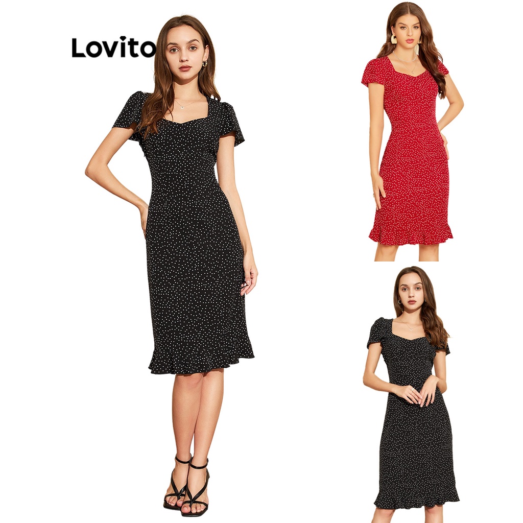 Đầm Lovito lai bèo xếp nếp họa tiết chấm bi nàng tiên cá mềm mịn phong cách thanh lịch L25ED082 (màu đen)