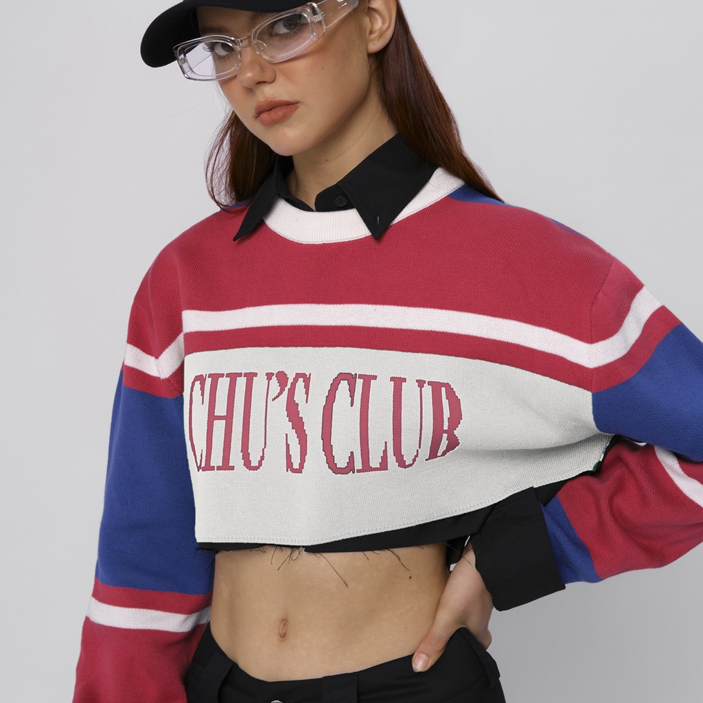 TATICHU - Áo croptop sọc tay dài dệt hoạ tiết chữ - Chu's Club Color Block Sweaters