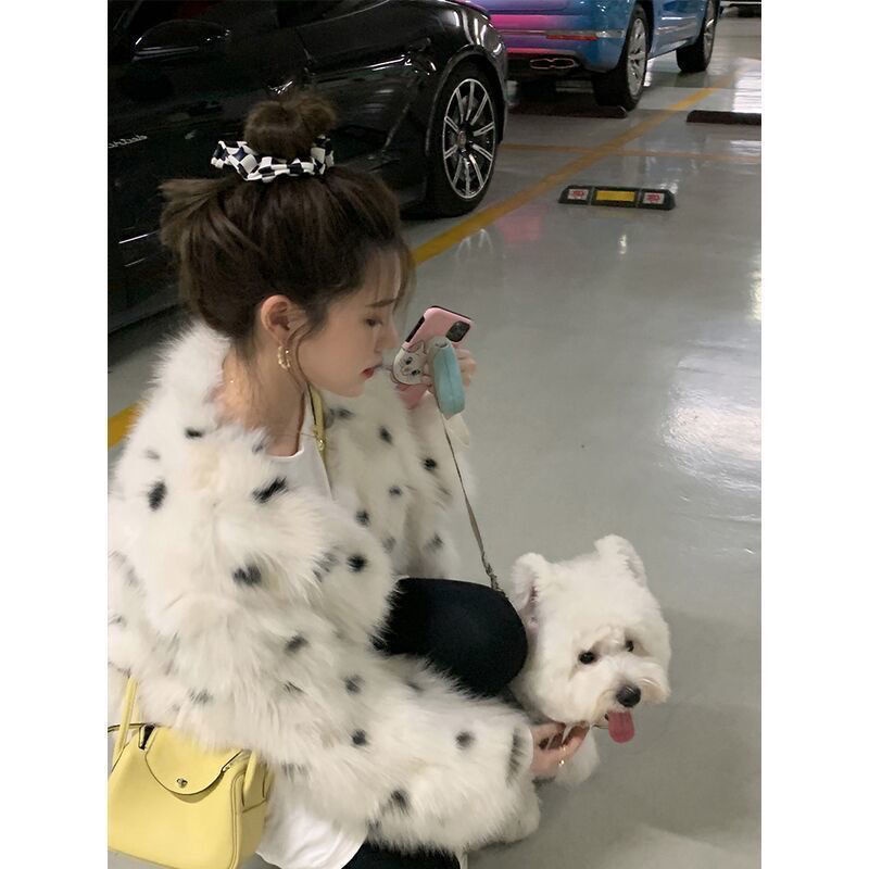 Áo Khoác Lông Cáo Họa Tiết Cẩm Thạch Phối Màu Đen Trắng Thời Trang Mùa Đông 2022 Cho Nữ