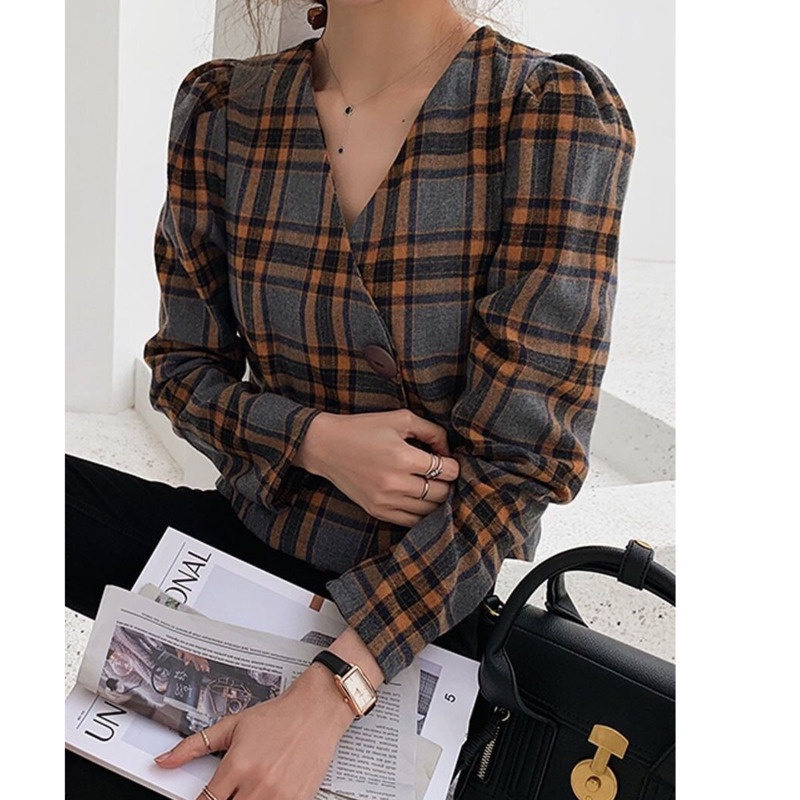 Áo Sơ Mi Cổ Chữ v Màu Sắc Tương Phản Phong Cách Retro Hàn Quốc Cho Nữ