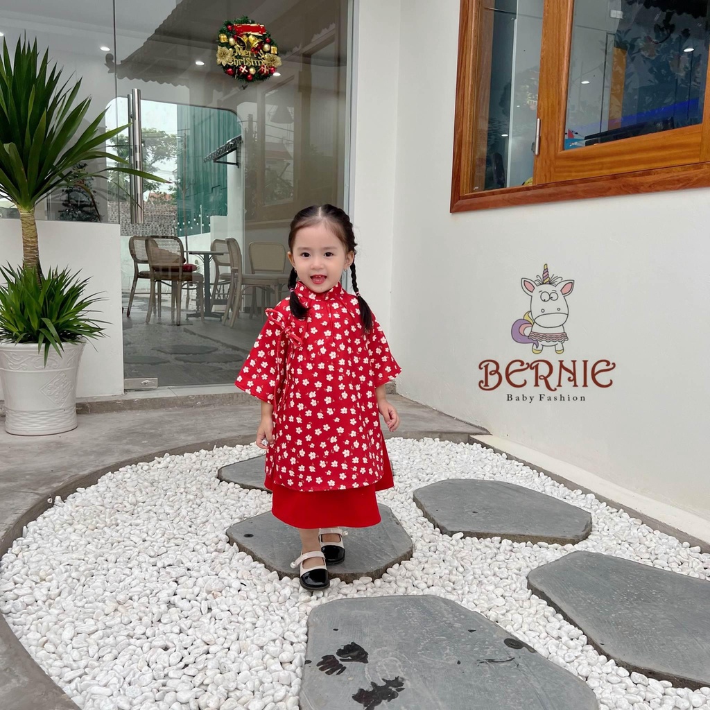 [size 8-21kg] Áo dài nhung tăm hoa nhí màu đỏ cách điệu cho bé gái mẫu tết 2023 shop nhungsoc