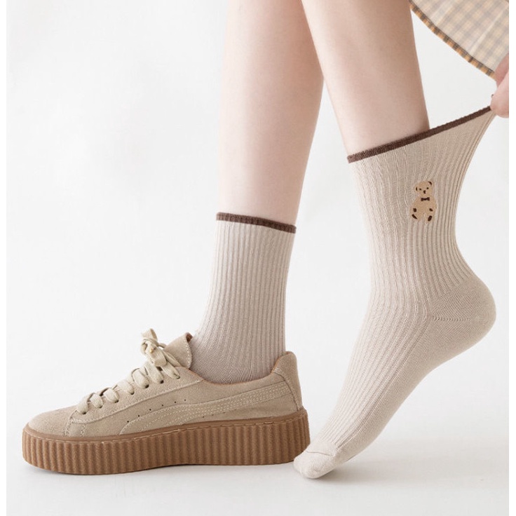 Set 5 đôi tất ulzzang cao cổ nữ trơn màu in hình gấu cute BAG U TCGAU089