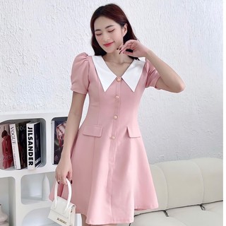 Đầm thiết kế cổ phối trắng cúc dọc thanh lịch